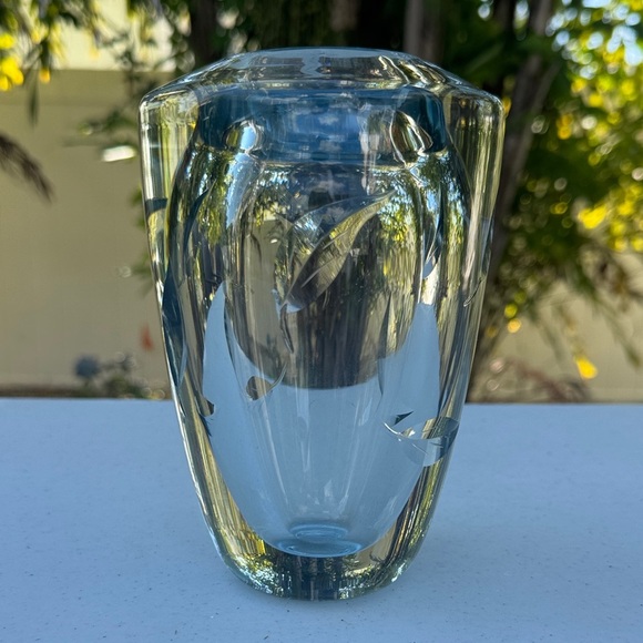 Vintage Other - Vintage HEAVY CRYSTAL Signed Mid-Century Lead Crystal Vase Etched Leaf Design